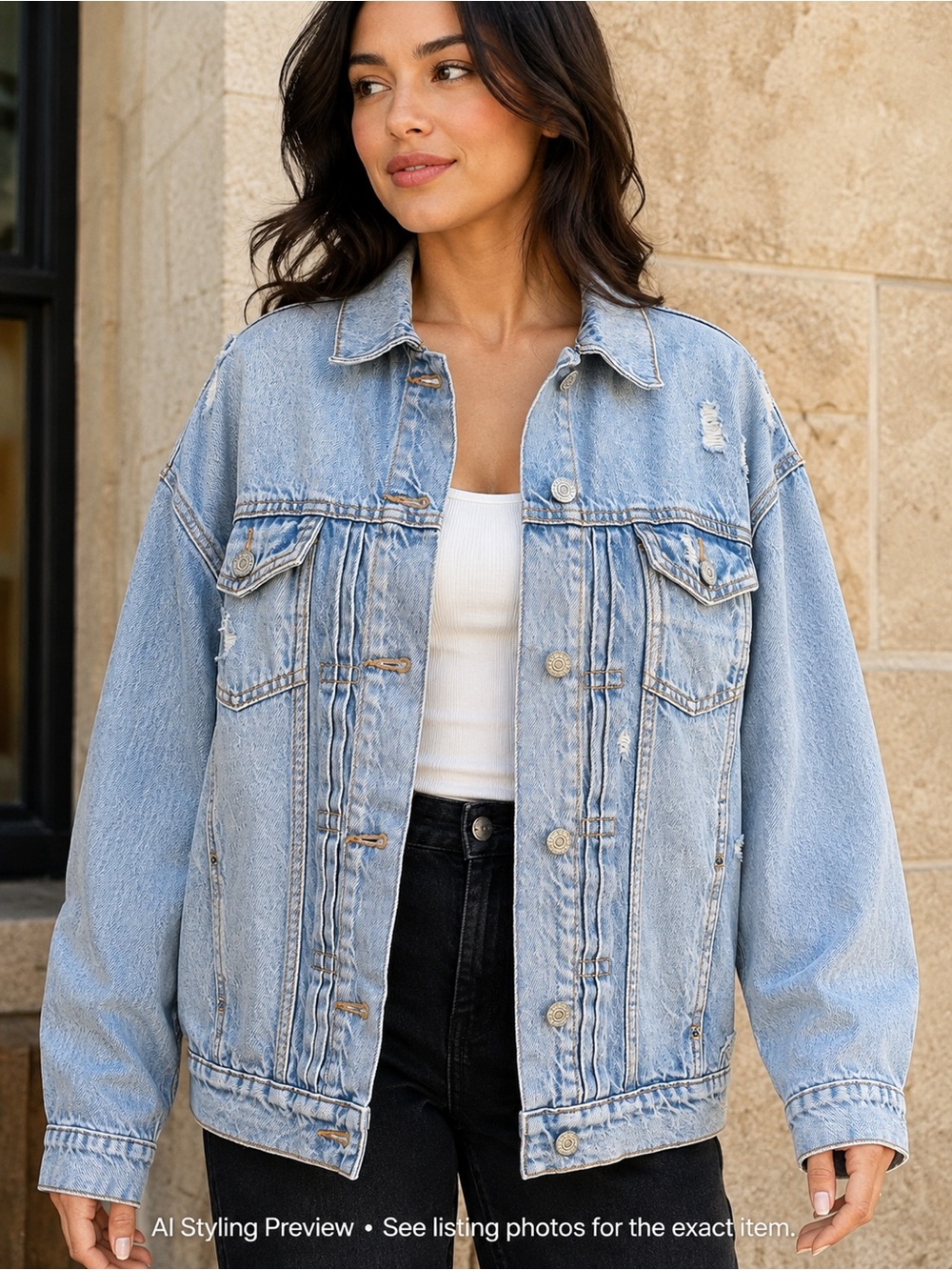 Old Navy Relaxed Classic Light Wash Distressed Denim Jacket Size S Oversized